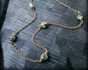 Prehnite Lichen Necklace, 14k Gold Prehnite Station Necklace, Green and Gold Spring Necklace, 14k Gold Prehenite Layering Necklace, 16"