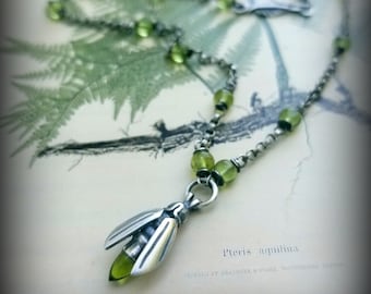 Firefly Jewelry, Firefly Necklace, Sterling Gemstone Firefly Necklace, Beaded Firefly Necklace, Nature Insect Necklace, August Birthstone