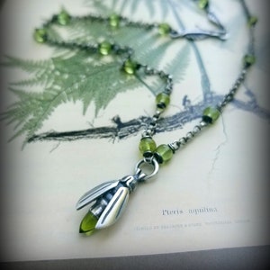 Firefly Jewelry, Firefly Necklace, Sterling Gemstone Firefly Necklace, Beaded Firefly Necklace, Nature Insect Necklace, August Birthstone