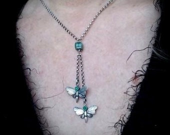 Butterfly Lariat Necklace, Butterfly with Gemstones, Silver Gemstone Butterfly Necklace, Insect Necklace, Sterling Butterfly Jewelry