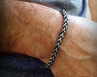 Bracciale da uomo in argento anticato con catena in argento sterling, bracciale intrecciato in argento da 5 mm, bracciale unisex con catena in argento, chiusura a moschettone, bracciale da uomo con catena