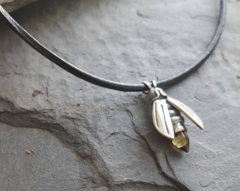 Citrine Firefly Pendant, Sterling Firefly on Leather Cord, Sterling Insect Amulet, Silver Citrine Firefly, Unisex Firefly on Black Leather