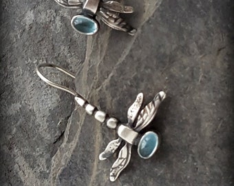 Dragonfly Earrings, Silver Dragonfly Earrings, Gemstone Dragonflies, Aquamarine Dragonfly Earrings, Insect Dangle Earrings, March Birthstone