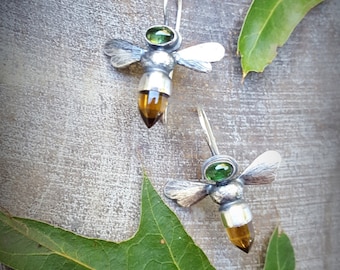 Bee Earrings, Honey bee Earrings, Gemstone Bees, Apis mellifera, Tourmaline Honey Bee Earring, Citrine Bee Earrings, October Birthstone