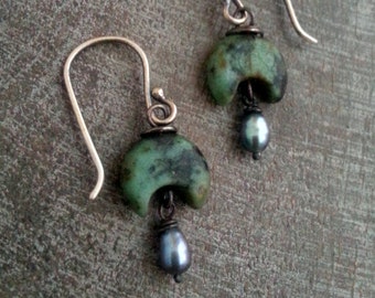 Green African Turquoise Earrings, Grey Pearl Earrings, Forest Moss Crescent Earrings, Grey Pearl Dangle Earrings, Modern Primitive Crescents