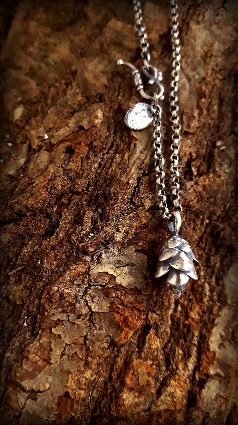 May include: A silver necklace with a pine cone pendant. The necklace is on a rustic wooden background.