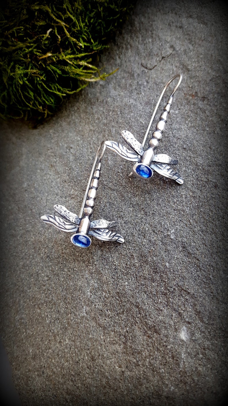 Sterling Dragonfly Earrings, Choice of Cabochon, Opal Dragonflies, Sterling Dragonfly, EarWire Dragonflies, Opal Earrings, Gift for Gardener Blue Kyanite