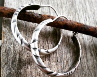 sHoop Earrings, Oxidized Silver Hoops, Carved Sterling Hoops, Tribal Hoops, 1 " Sterling Hoop Earrings, Modern Hoop Earrings, SS Hoop