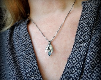 Blue Ghost Firefly Necklace, Gemstone Firefly Necklace, Sterling Insect Amulet, Silver Firefly Jewelry with Gems, Blue Ghost Lightening Bug