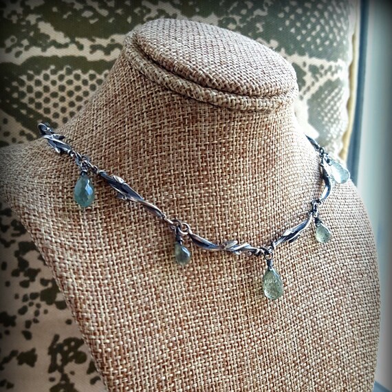 モスアクアマリンスターリングネックレス、シルバーマルチブランチ