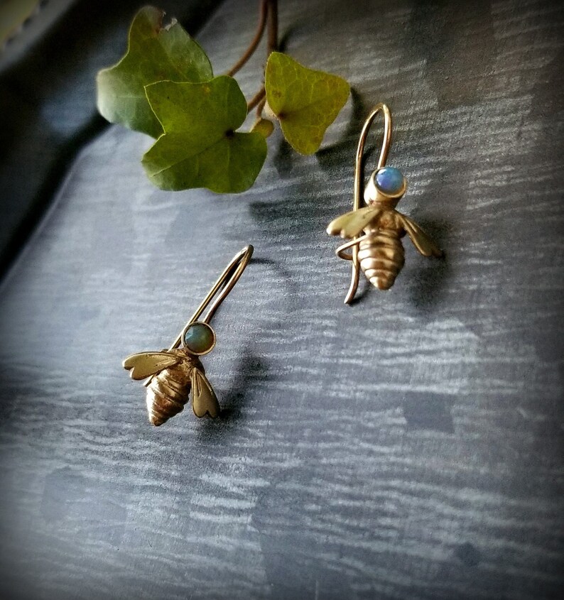 Gold Bee Earrings Opal Bee Earrings Solid 14k Gold Bees Etsy
