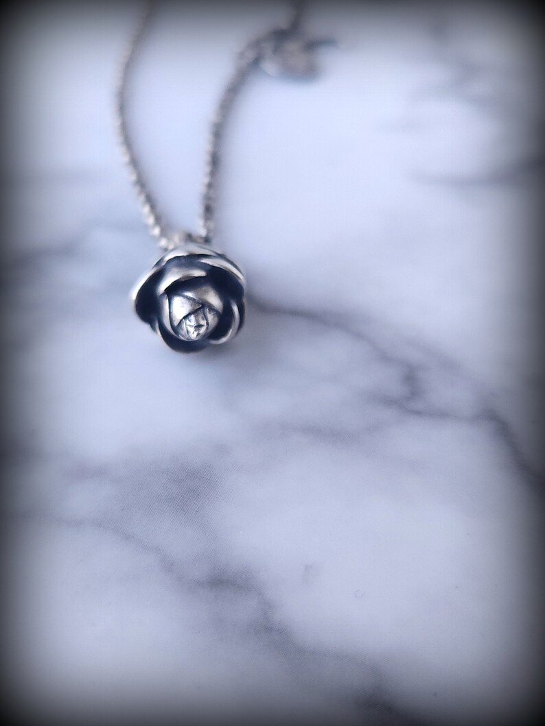 May include: A silver chain necklace with a silver rose pendant. The rose is detailed and realistic.