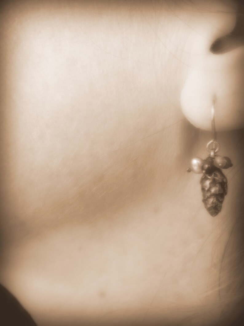 May include: A silver earring with a small pine cone charm and pearl accents.