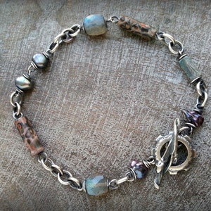 Grey Pearl and Leopardskin Jasper Beaded Bracelet, Chain Link Bracelet ...