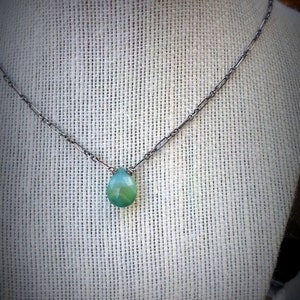 Faceted Briolette Necklace, BlueGreen Teardrop Pendant, Faceted Banded Chalcedony, Antique Sterling Chain, Spring Green Briolette Pendant