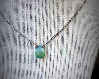 Faceted Briolette Necklace, BlueGreen Teardrop Pendant, Faceted Banded Chalcedony, Antique Sterling Chain, Spring Green Briolette Pendant