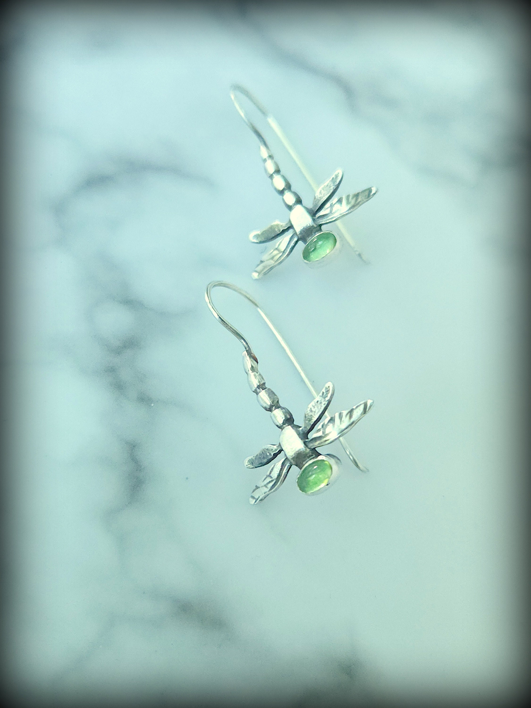 Orecchini Libellula In Argento Sterling 925 Con Tormalina Sfumata Blu-Verde - 2