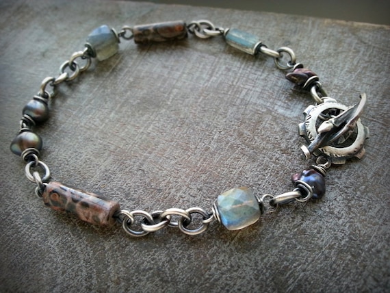 Grey Pearl and Leopardskin Jasper Beaded Bracelet Chain Link | Etsy
