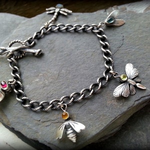 Nature Charm Bracelet, Sterling Insect Charm Bracelet, Modern Entymology Bracelet, Silver Animal Bracelet, Twig Clasp, A Gardener's Gift image 5