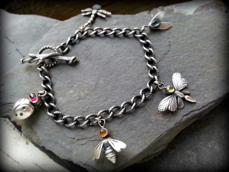 Nature Charm Bracelet, Sterling Insect Charm Bracelet, Modern Entymology Bracelet, Silver Animal Bracelet, Twig Clasp, A Gardener's Gift image 5