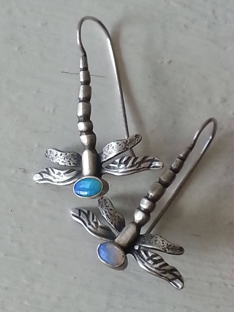 Sterling Dragonfly Earrings, Choice of Cabochon, Opal Dragonflies, Sterling Dragonfly, EarWire Dragonflies, Opal Earrings, Gift for Gardener image 4