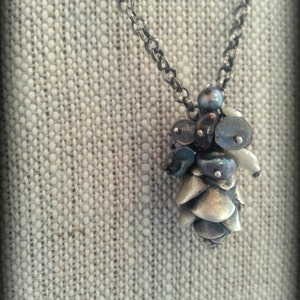 Pine Cone Necklace, Hemlock Cone Necklace, Beaded Pine Cone Necklace, Silver Pine Cone with Tassel of Gemstone Beads, Nature Charm Necklace