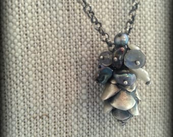 Pine Cone Necklace, Hemlock Cone Necklace, Beaded Pine Cone Necklace, Silver Pine Cone with Tassel of Gemstone Beads, Nature Charm Necklace