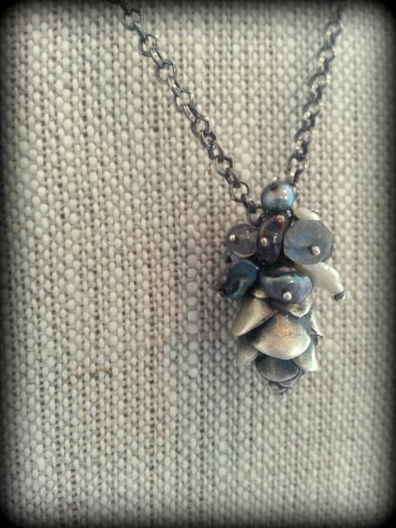 Pine Cone Necklace, Hemlock Cone Necklace, Beaded Pine Cone Necklace, Silver Pine Cone with Tassel of Gemstone Beads, Nature Charm Necklace