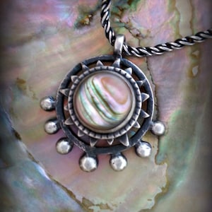 Abalone Shell and Sterling Necklace, Seven Planets Sterling Necklace, Abalone Shell Mystical Astrology Necklace, Celestial Pendant