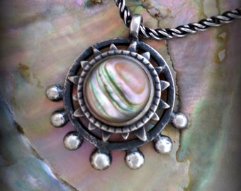 Abalone Shell and Sterling Necklace, Seven Planets Sterling Necklace, Abalone Shell Mystical Astrology Necklace, Celestial Pendant