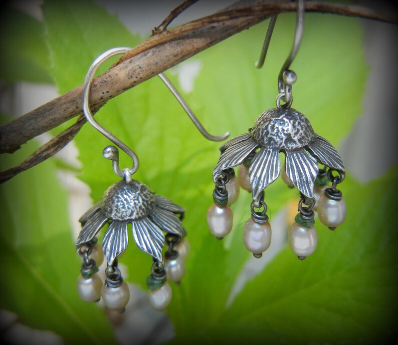 Botanical Earrings Coneflower Chandelier Earrings Grey Etsy