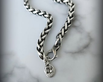 Bracciale a catena intrecciata grande, bracciale a serpente da uomo, bracciale spesso in argento sterling, bracciale a catena da 6 mm, bracciale a catena intrecciata in argento anticato a forma di grano