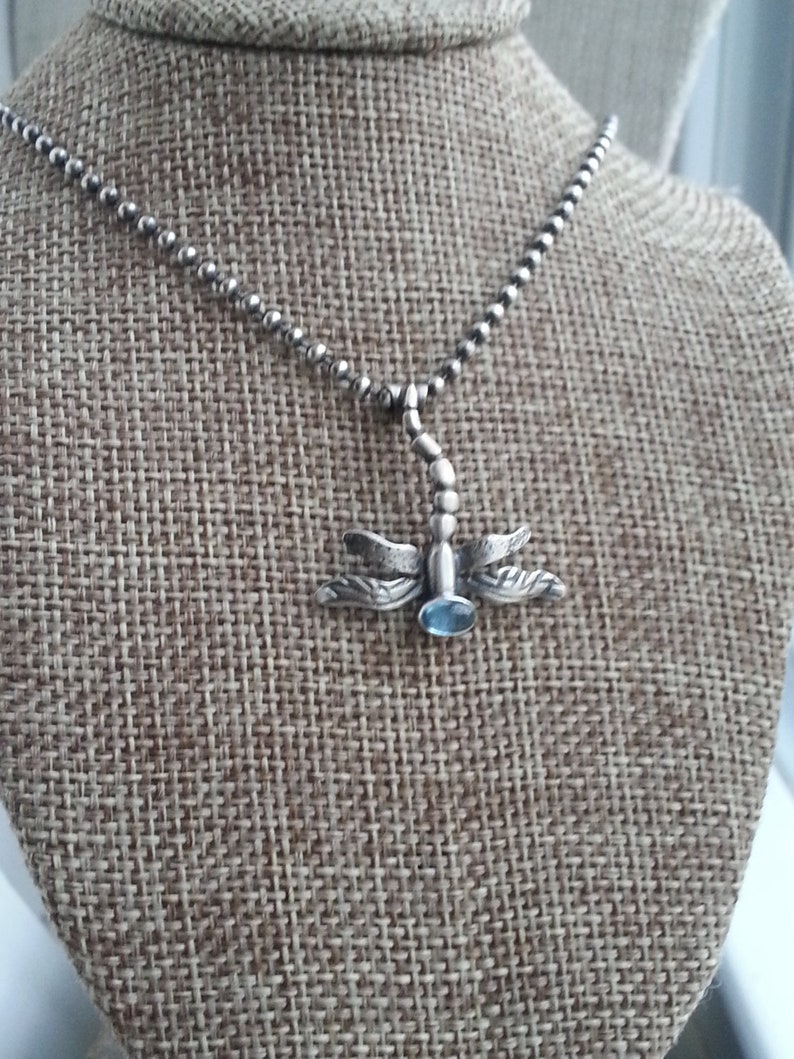 Dragonfly Necklace, Gemstone Dragonfly, Silver Dragonfly, Insect Amulet, Dragonfly Charm Necklace, March Birthstone Dragonfly, Sterling image 1