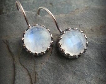 Rosecut Moonstone Sterling Earring, Faceted Rainbow Moonstone Drop Earrings, Queen Margot Earrings, Iridescent BlueFlash Moonstone Drops