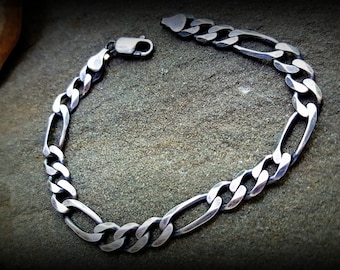 Men's Figaro Chain Bracelet, 6mm Figaro Chain Sterling Bracelet, Antiqued Silver Bracelet, Flat Figaro Chain Bracelet, Sterling Figaro Chain