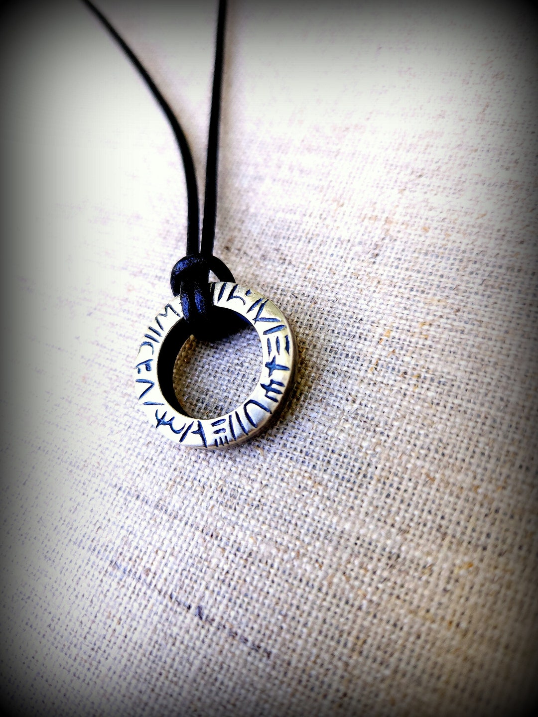 Chains Inscriped With Runes Sterling Rune Ring on Leather Cord, Sterling Inscribed Amulet on Black ...