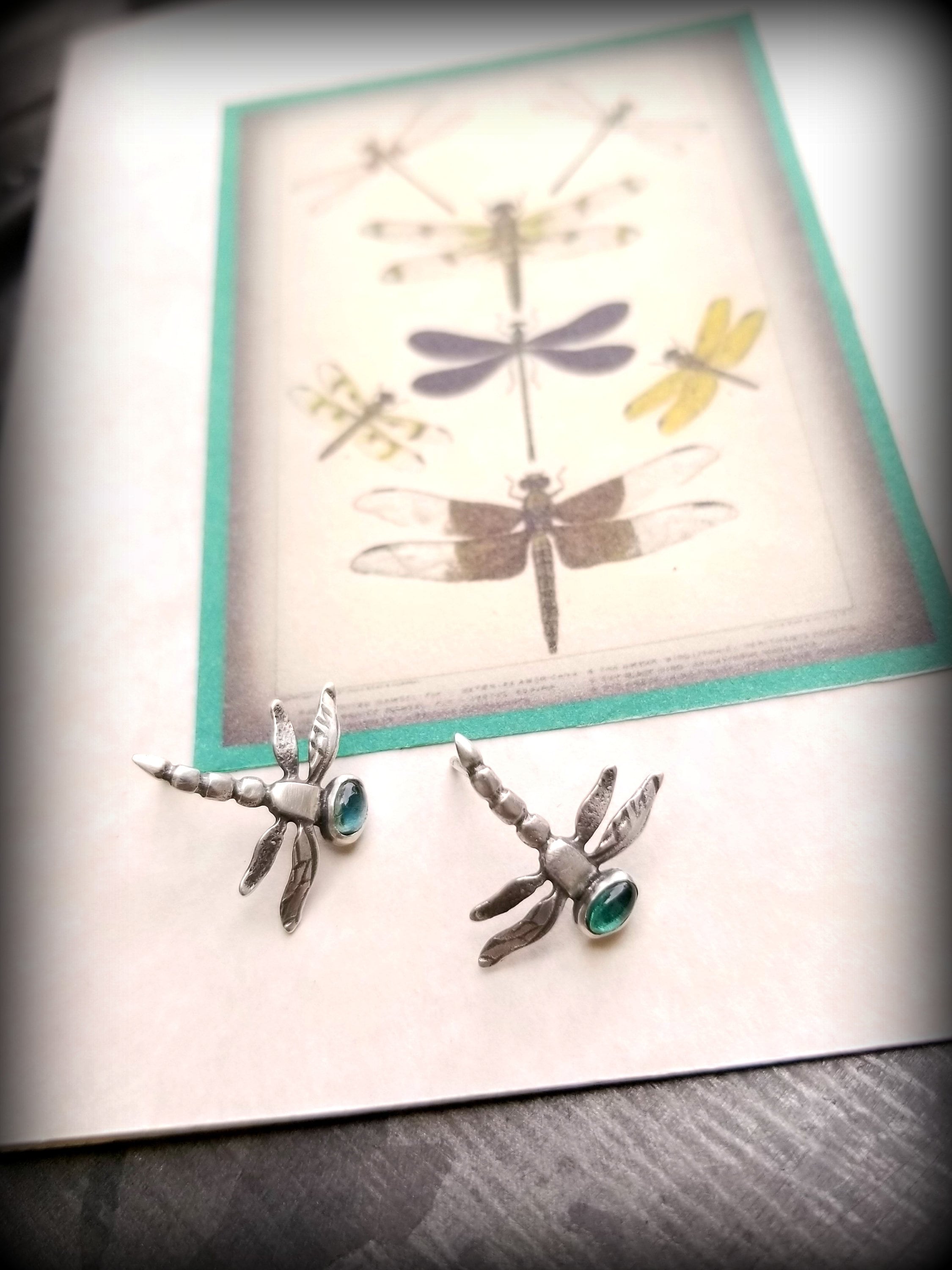 Orecchini Libellula In Argento Sterling 925 Con Tormalina Sfumata Blu-Verde - 4