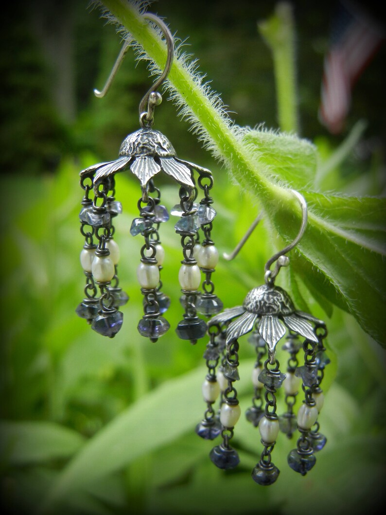 Botanical Earrings Coneflower Chandelier Earrings Grey Etsy