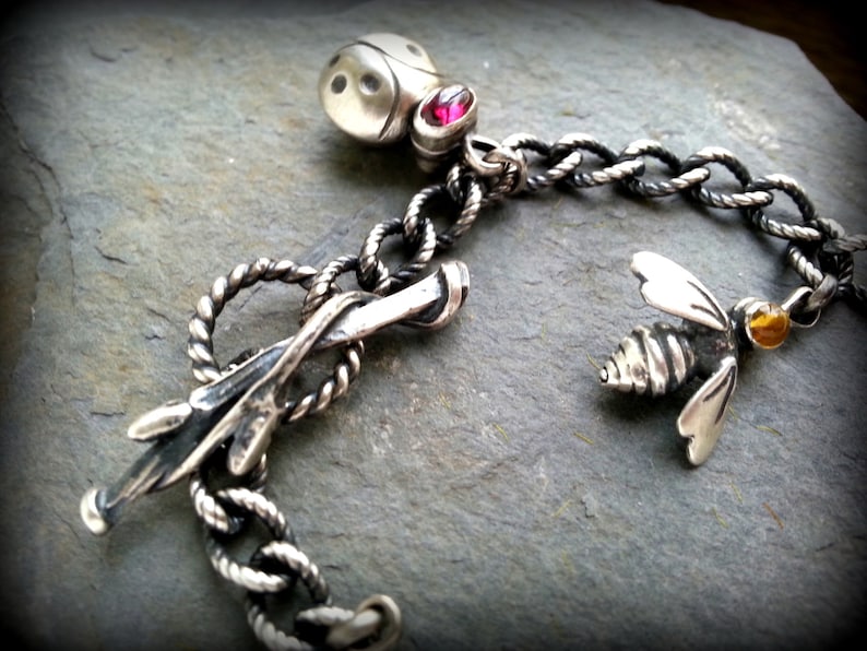 Nature Charm Bracelet, Sterling Insect Charm Bracelet, Modern Entymology Bracelet, Silver Animal Bracelet, Twig Clasp, A Gardener's Gift image 8
