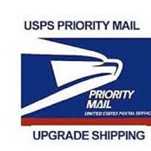 May include: USPS Priority Mail label with a blue background and a white eagle logo. The text "Priority Mail" is in white letters on a red banner. The text "Upgrade Shipping" is below the label.