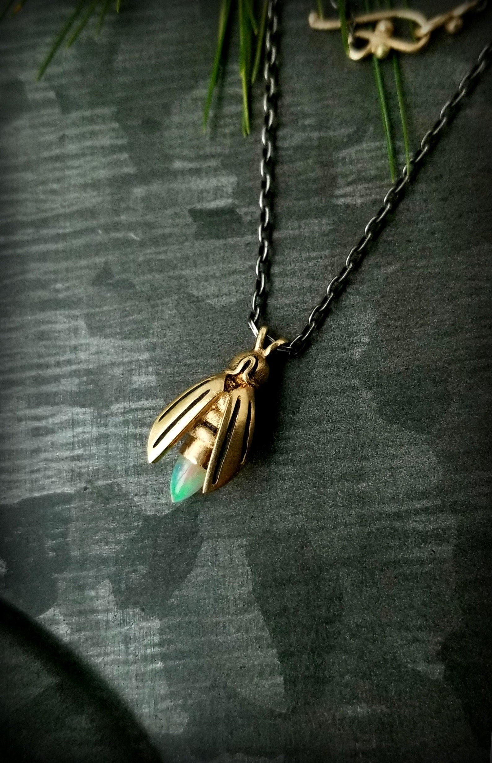 Gold Firefly Necklace 14k Gold Gemstone Firefly Gold Insect Etsy