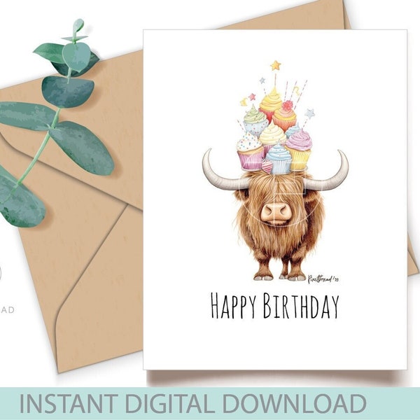 Highland Cow Happy Birthday Card Cupcake Birthday Card Printable Happy Birthday Card Funny Birthday Card HBD card DIY Birthday Card Digital