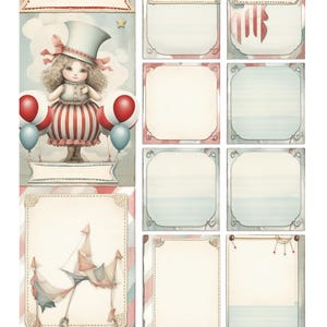 May include: A digital collage sheet with a Victorian fair theme. The sheet features a central illustration of a doll with balloons, and several blank frames and decorative elements. The colour palette is soft, with pastel shades of blue, red, and cream.
