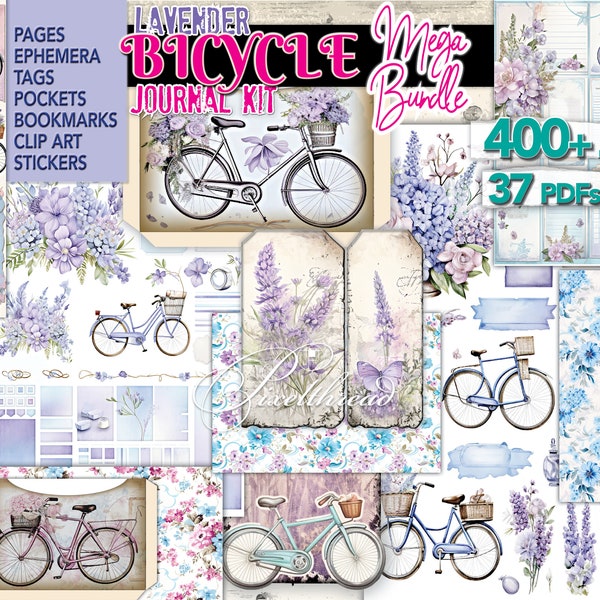 400+ Bicycle Junk Journal Kit Fussy Cut Ephemera Paper Digital Printable 5x7 Shabby Country Junk Journal Pages Pocket Tags ATC Card Supplies