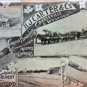 May include: Vintage advertisement for H.J. Carter & Co., a general forwarding, commission agent, and carrier. The black and white image features illustrations of horse teams, buildings, and text including "Received for Delivery Throughout Western Queensland."