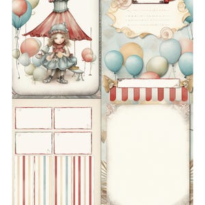 May include: A vintage scrapbook page with a Victorian fair theme. The page features illustrations of a girl under a circus tent, balloons, and blank spaces for journaling. The colour palette includes soft pastels and a decorative border.