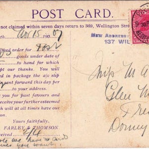 May include: Vintage postcard with handwritten text and a red postage stamp. The card is addressed to "Dear Sir" and includes details about an order, dated April 15, 1907. The card is slightly aged with some discoloration.