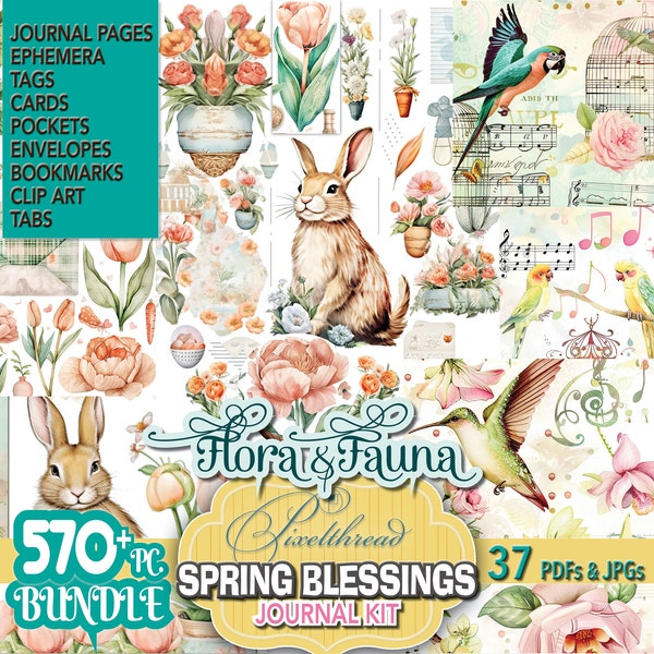 570+ Spring Easter Junk Journal Kit Floral Easter Bunnies Benjamin Junk Journal Bird Printable Fussy Cut Ephemera Digital Supplies Templates