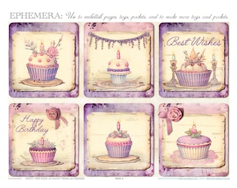 Lila Retro Födelsedag Scrapbook Ephemera Skräpklipp Digital Planner Taggar Pappersfickor Kort Clipart Klistermärken Utskrivbart Förbrukningspaket Nedladdning