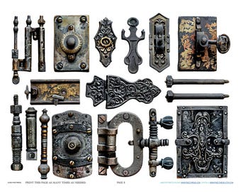 Antique Industrial French Hinge Hardware Scrapbook Jewelry Making Findings Ephemera Planner Clipart Stickers Junk Digital Printables Kit